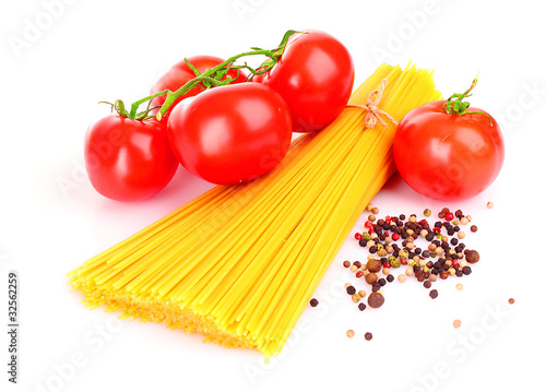 Pasta spaghetti with tomatoes on a white background