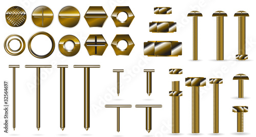 set of gold screws and nails isolated on white background