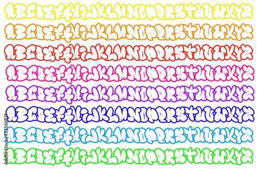horizontal typical graffiti alphabet in 8 different colors