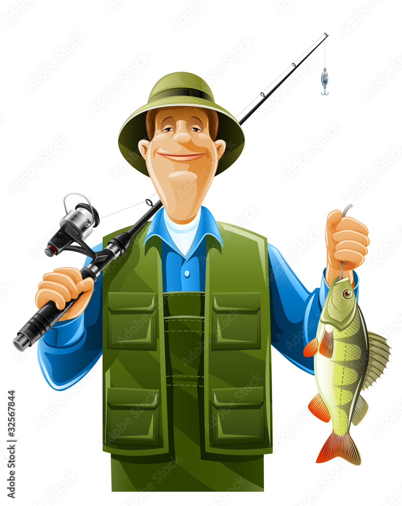 fisherman with rod spinning - obrazy, fototapety, plakaty 