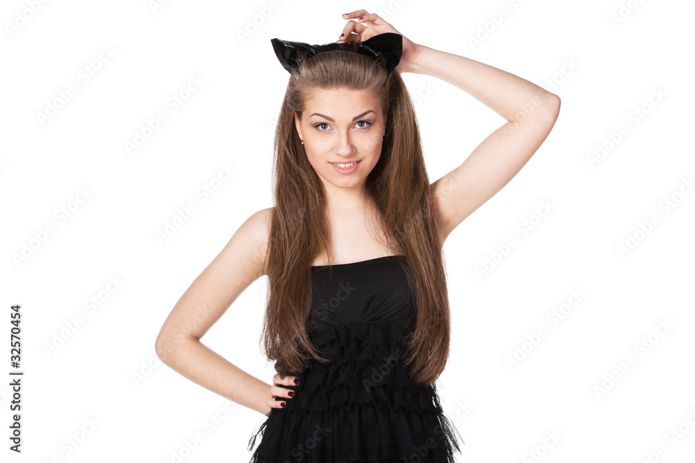 Portrait of young female in black dress and pussycat ears Portrait of young female in black dress and pussycat ears