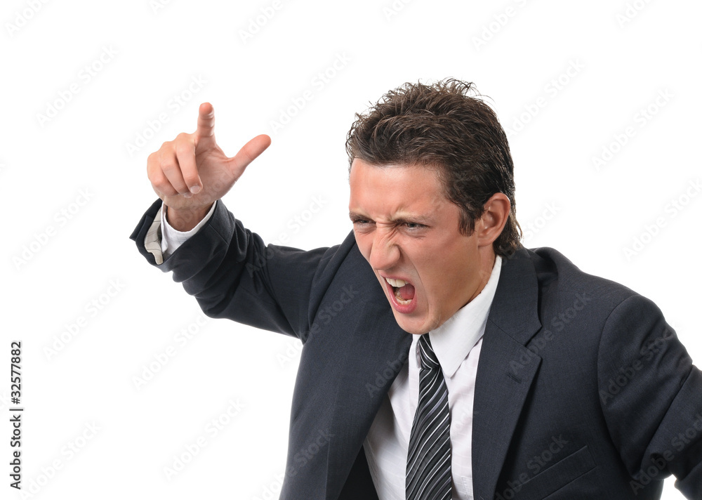 Businessman threatens finger. Isolated on white Businessman threatens finger. Isolated on white