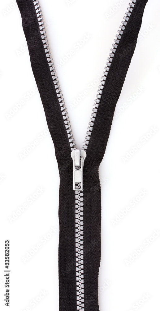Black zipper closeup isolated on white
