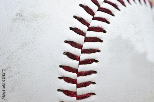 Close up macro of used baseball stitching