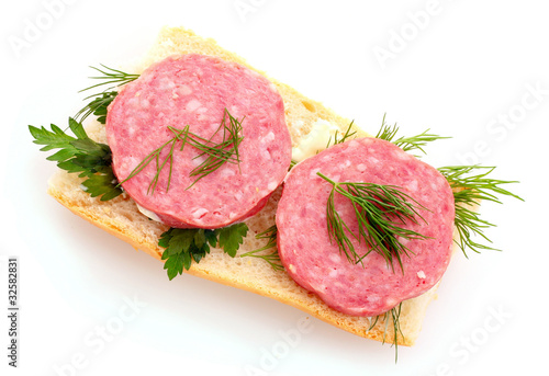 sausage on bread isolated on white