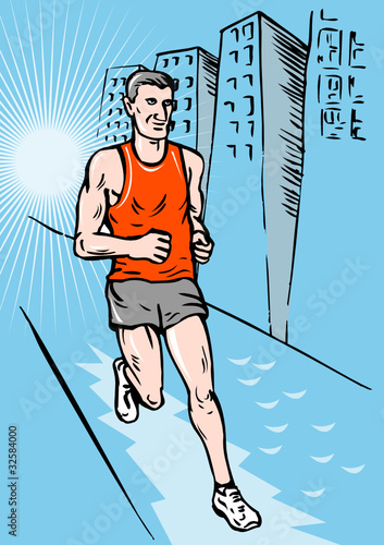 marathon runner running race building
