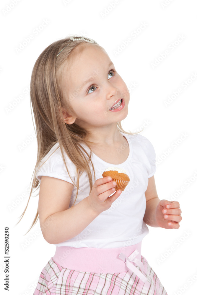 Beautiful litlle girl with cake over white Beautiful litlle girl with cake over white