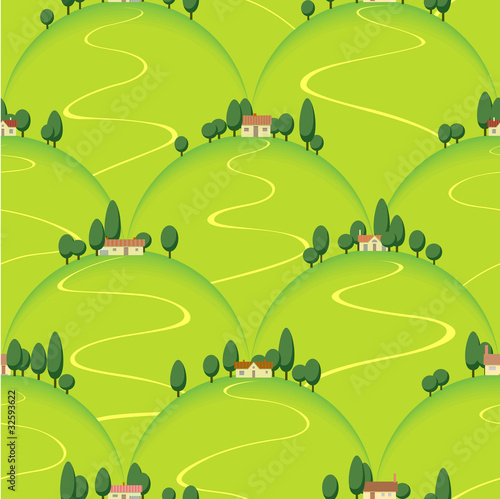 landscape country house on hill vector seamless background