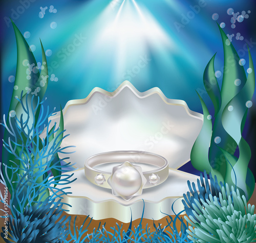 Underwater background with pearl ring. vector illustration