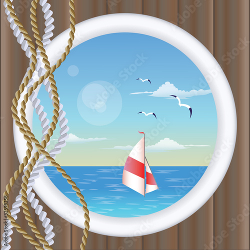 Window porthole with the ship floating, vector illustration