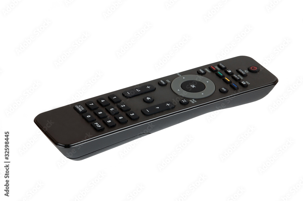 Remote control for TV set on white background Remote control for TV set on white background