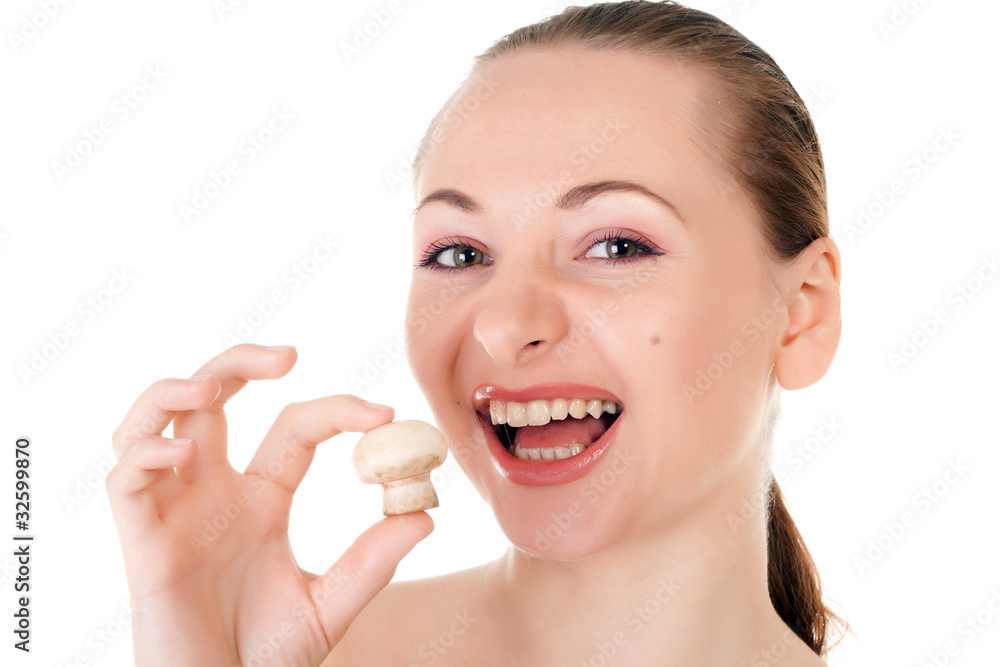 Female model with a champignon mushroom Female model with a champignon mushroom