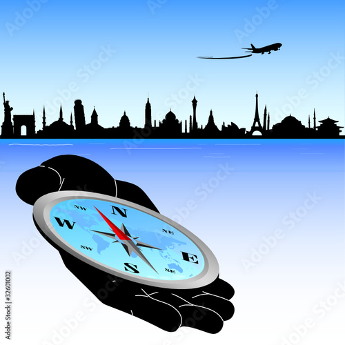 city sights with compass on hand illustration