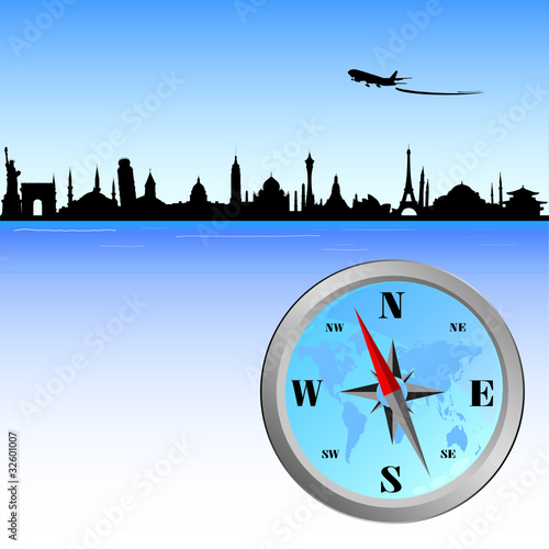 city sights with compass vector illustration