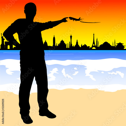 man touches the plane with city sights illustration