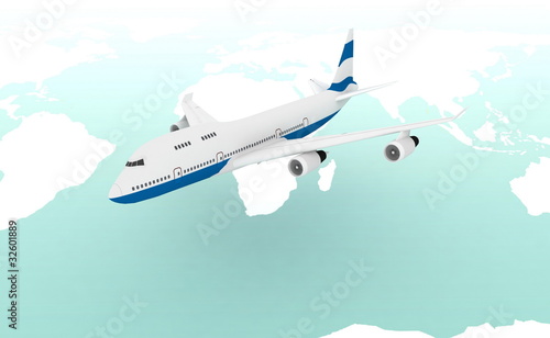 flying airplane on a background map of the world