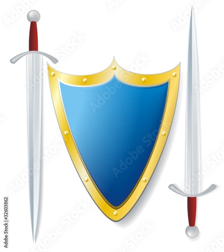 couple swords and blue shield