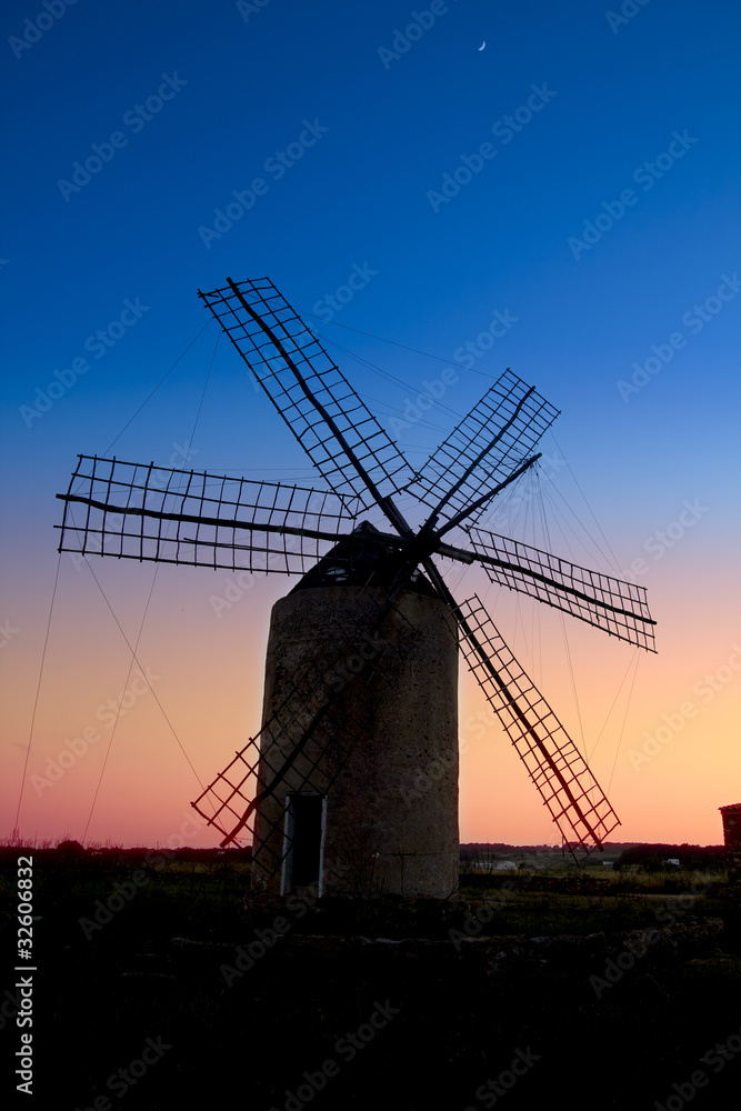 balearic islands windmill wind mill sunset in Formentera