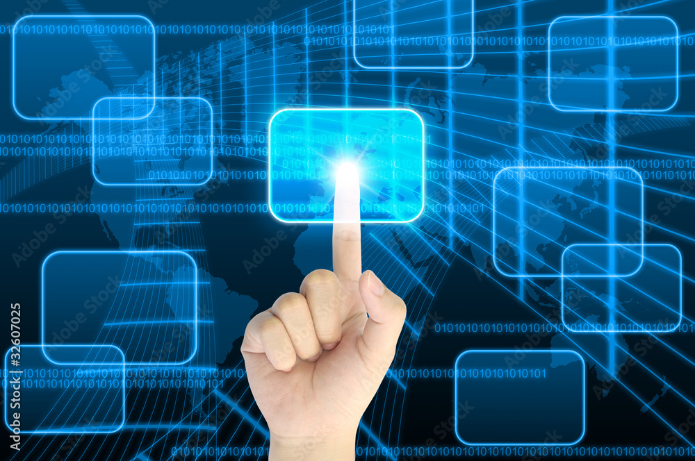 hand pushing a button on a touch screen interface hand pushing a button on a touch screen interface