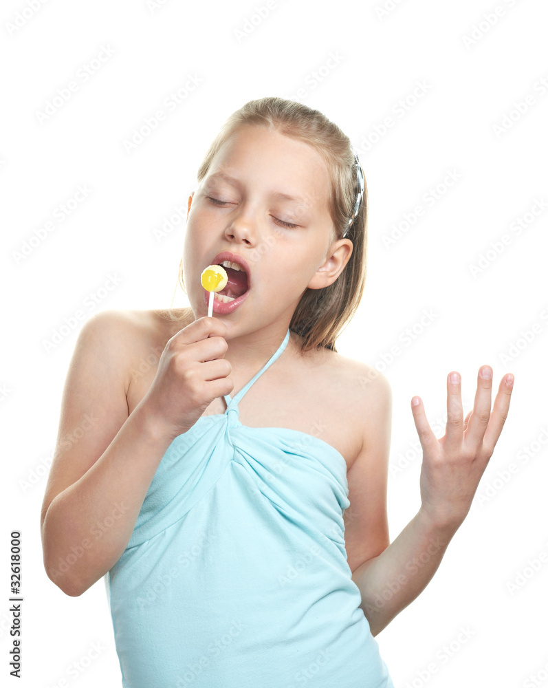 Cheerful little girl with lollipop singing Cheerful little girl with lollipop singing