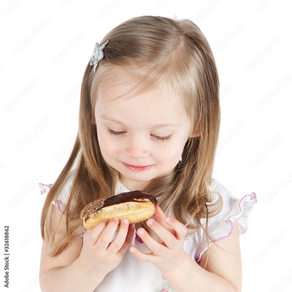 Beautiful litlle girl with chocolate cake on white Beautiful litlle girl with chocolate cake on white