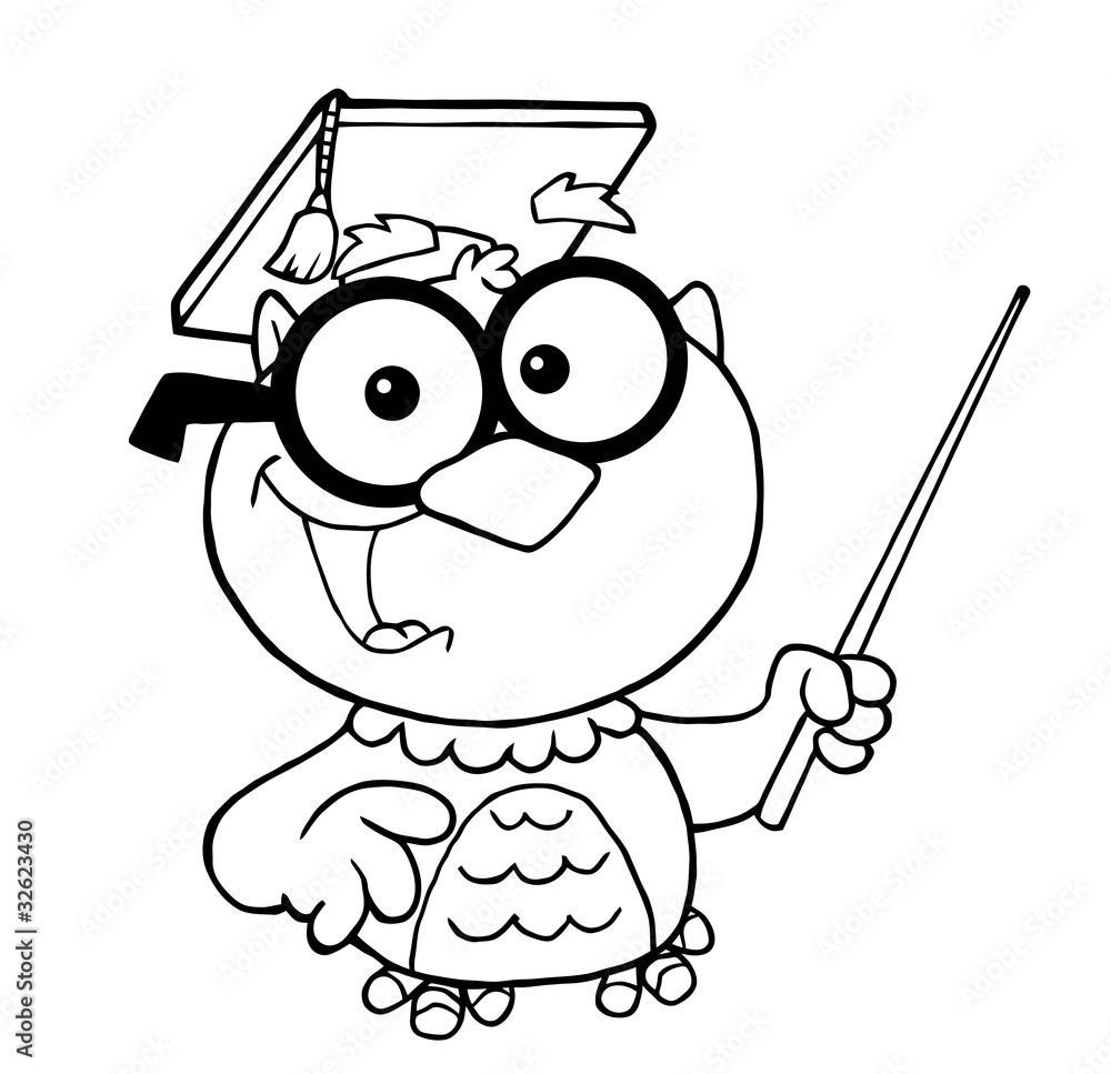 Outlined Owl Teacher Cartoon With Graduate Cap And Pointer Outlined Owl Teacher Cartoon With Graduate Cap And Pointer