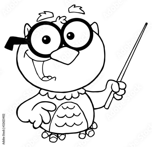 Outlined Owl Teacher Cartoon Character With A Pointer