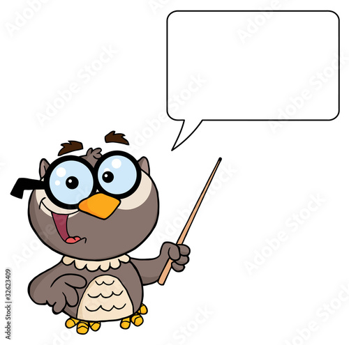 Owl Teacher Character With A Pointer And Speech Bubble
