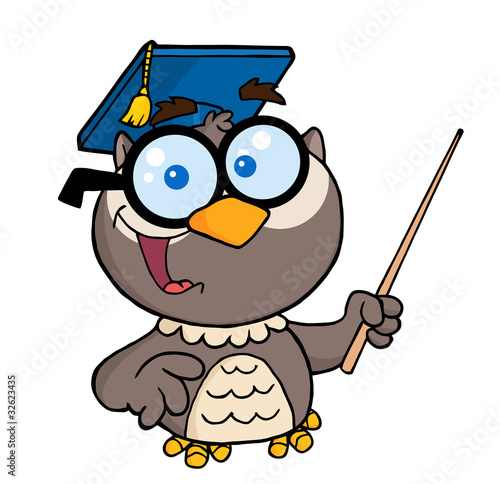 Owl Teacher Cartoon Character With Graduate Cap ,Pointer