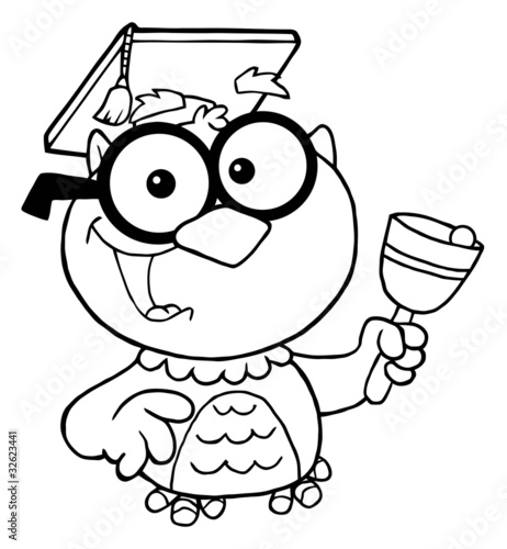 Outlined Owl Teacher With Graduate Cap And Bell