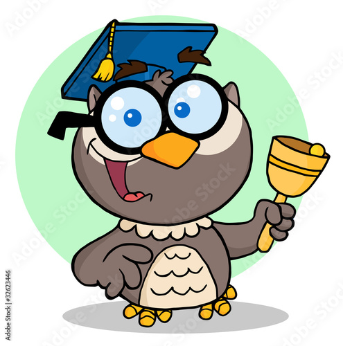 Owl Teacher Cartoon Character With Graduate Cap And Bell