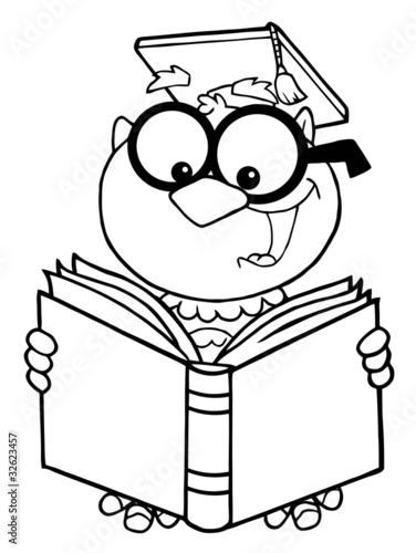 Outlined Owl Teacher Cartoon Character Reading A Book