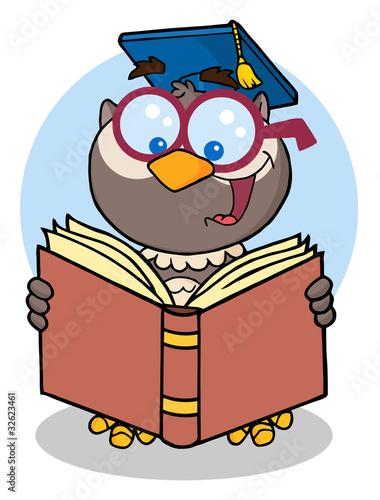 Owl Teacher Cartoon Character With Graduate Cap Reading A Book