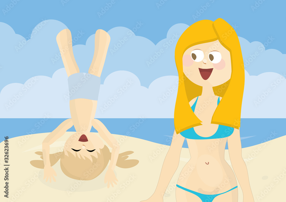 smiling girl on a beach showing her mother how to do a headstand