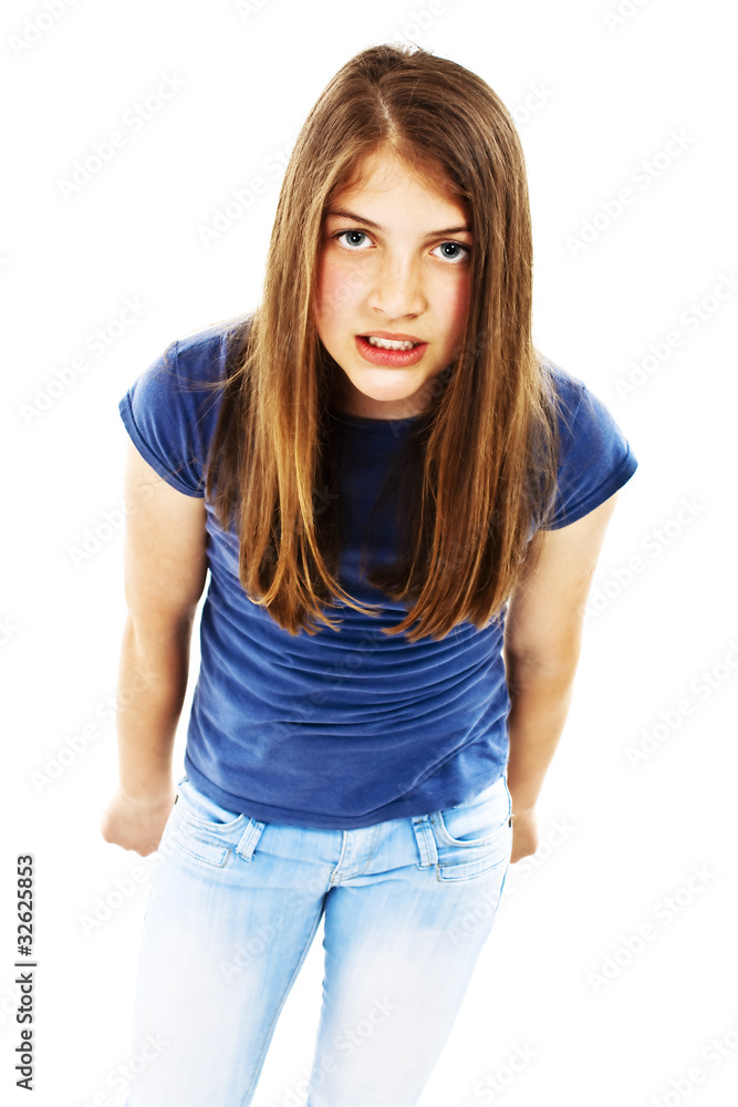 Fototapeta premium Angry teenage girl standing, isolated