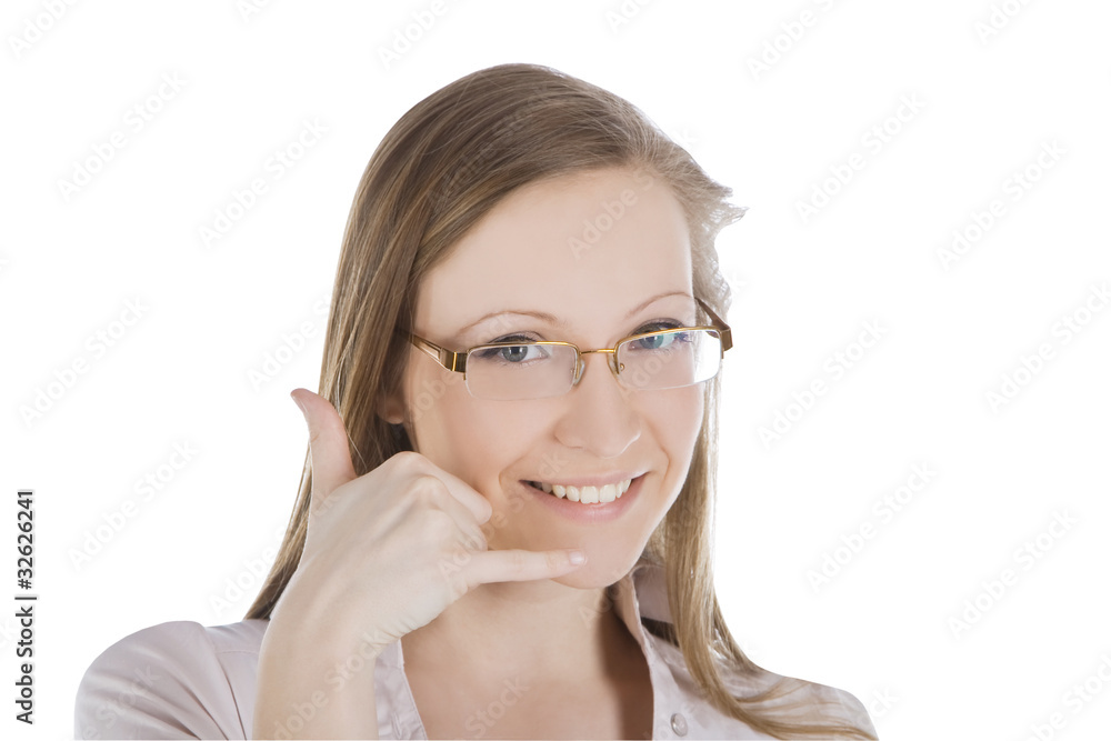 beautiful woman making a call me gesture over white