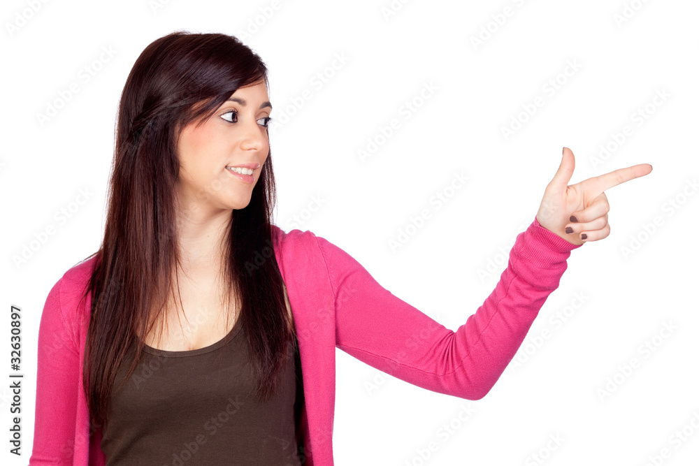 Beautiful brunette girl indicating something Beautiful brunette girl indicating something