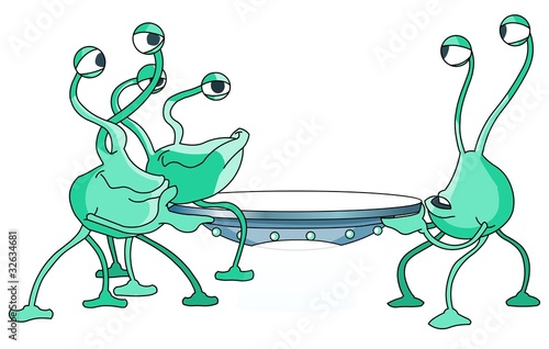 Funny aliens holding a flying saucer in hands.