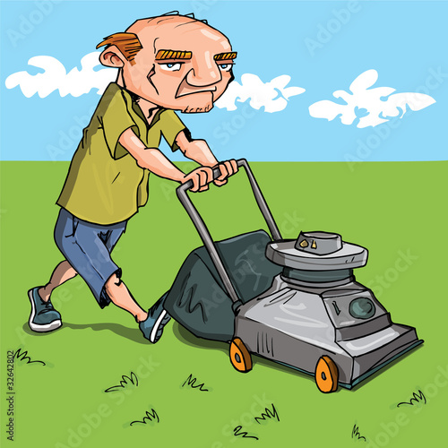 Cartoon man mowing his lawn