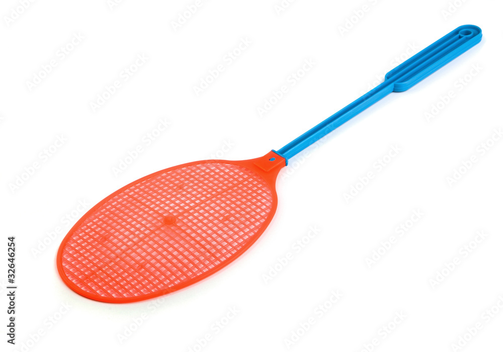 Red plastic fly swatter isolated on white