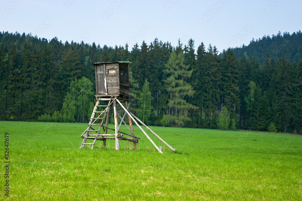 Naklejka premium Hunting tower near the forest