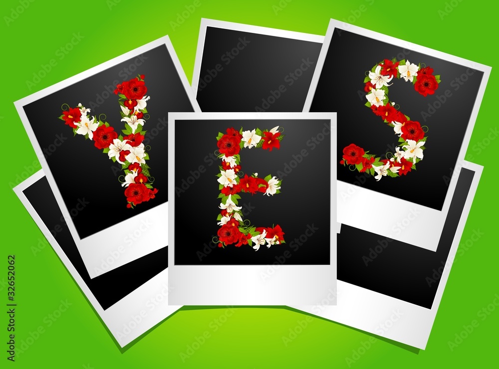 Word from flowers in photo frames. Vector