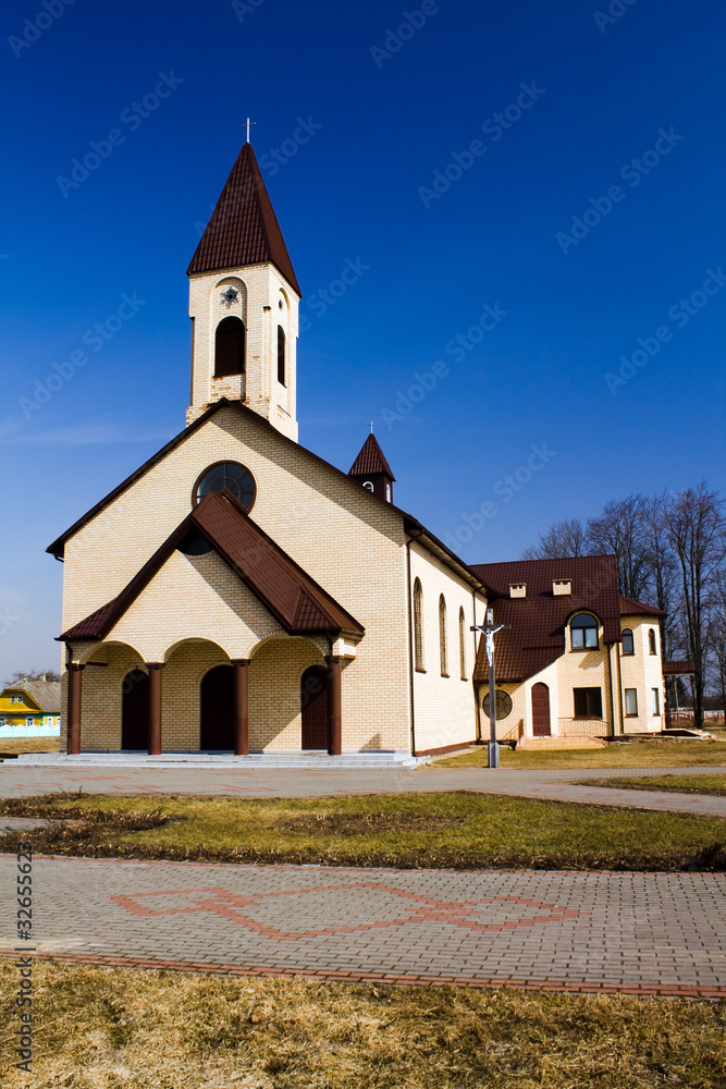 The Catholic church located in countryside in Belarus