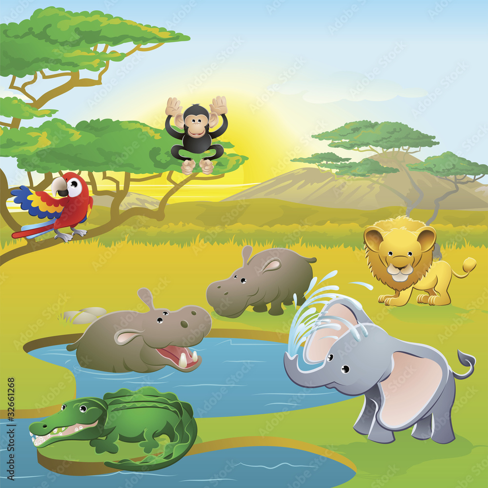 Fototapeta premium Cute African safari animal cartoon scene