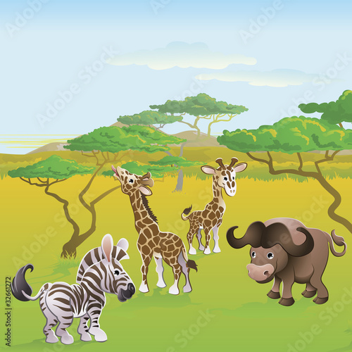 Fototapeta Naklejka Na Ścianę i Meble -  Cute African safari animal cartoon scene