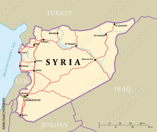 Syria political map with capital Damascus, national borders, most important cities, rivers and lakes. Illustration.
