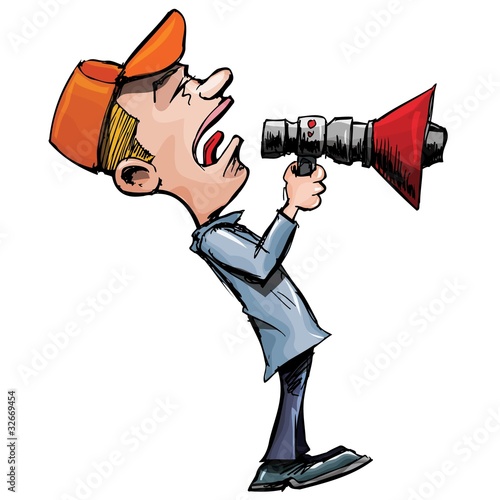 Cartoon man shouts through a megaphone