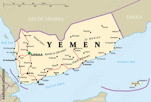 Photos Yemen political map with capital Sanaa, national borders and most important cities