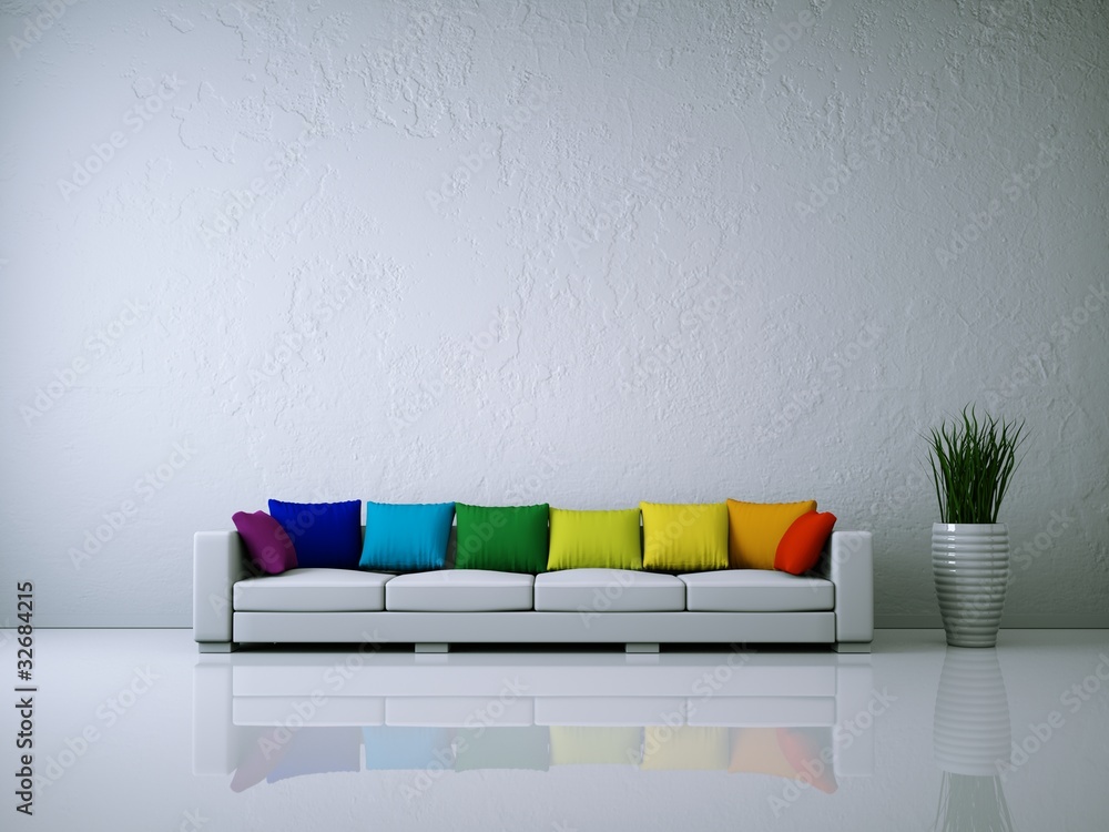 Weißes Sofa mit Kissen Regenbogenfarben - obrazy, fototapety, plakaty 