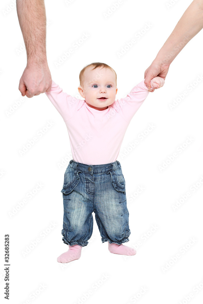Beginning to go the child keeps for hands of parents Beginning to go the child keeps for hands of parents